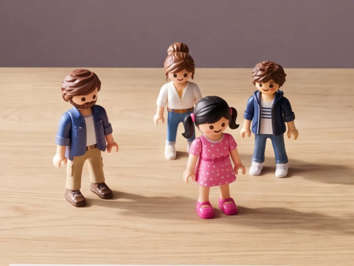 Familia de figurine Play așezată pe masa de stejar, în lumina ferestrei.